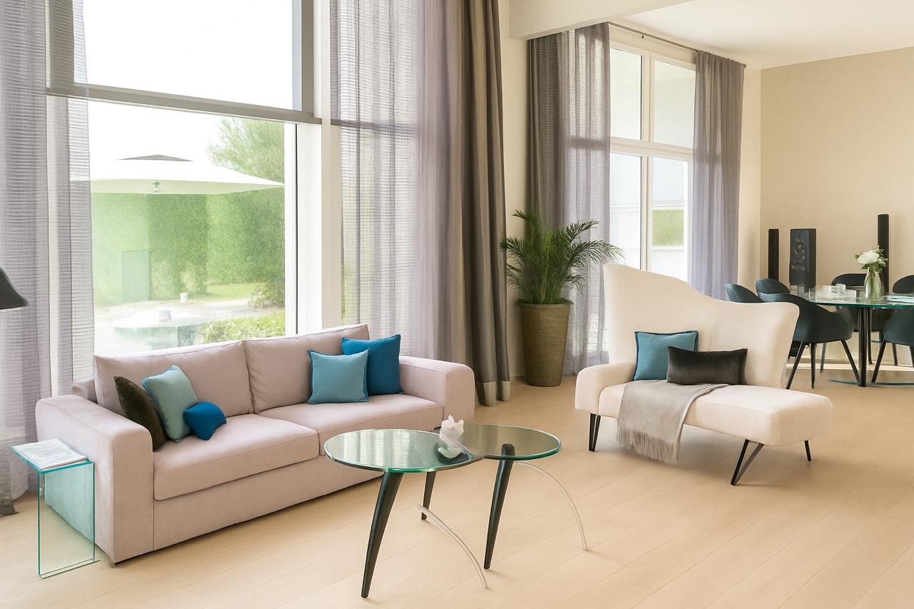 Jumeirah Islands - Private Villa: A bright and welcoming living space with customized furniture and soft, neutral tones. The tailored sofa and unique armchair are accented with teal cushions, paired with a sleek glass coffee table.