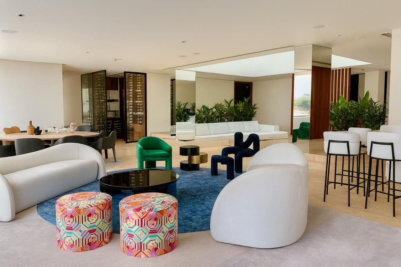 Palm Jumeirah - Private Villa: A refined living space where design vision meets craftsmanship. We brought the concept to life through customized furniture from the striking black chair to colorful poufs and tailored seating.